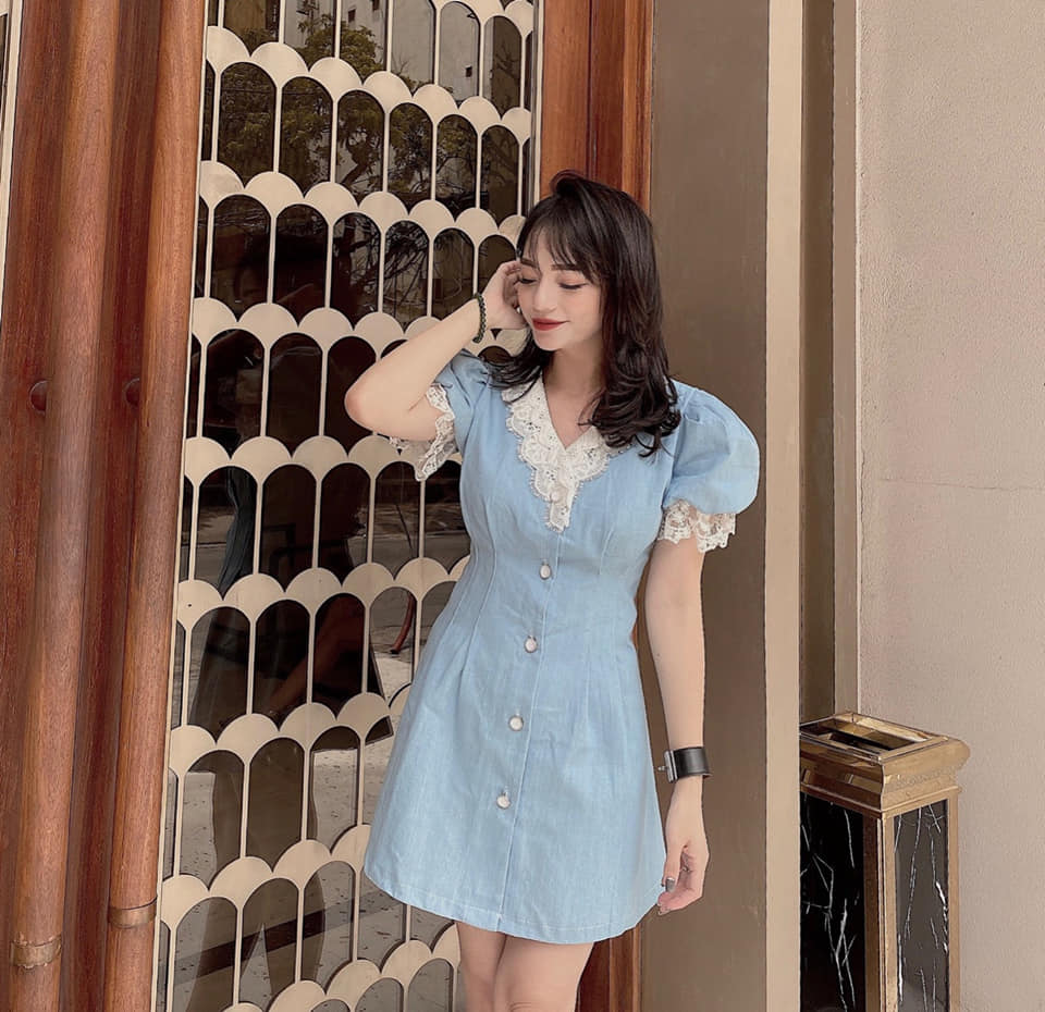 Đầm jean mix ren trắng xinh