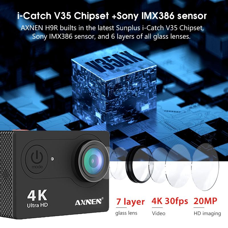 Camera hành động Axnen H9R, 4K 30pfs, 1080p 60pfs quay video thể thao, máy bay xe máy Mũ bảo hiểm xe đạp hành động chống thấm nước cam