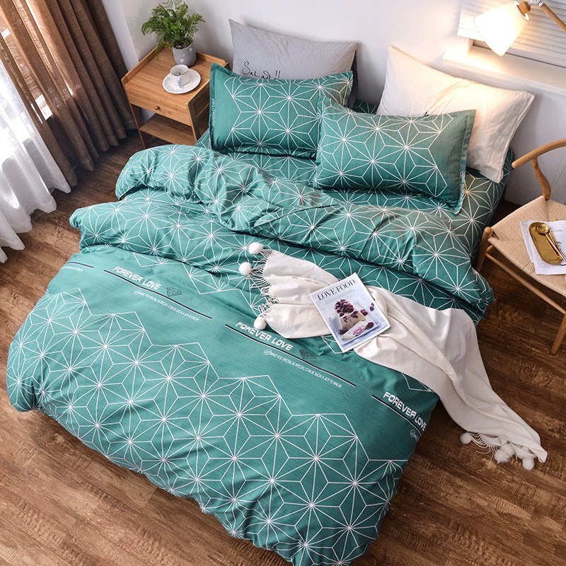 Bộ Chăn Ga Gối 4 Món Mãu Kim Cương Xanh