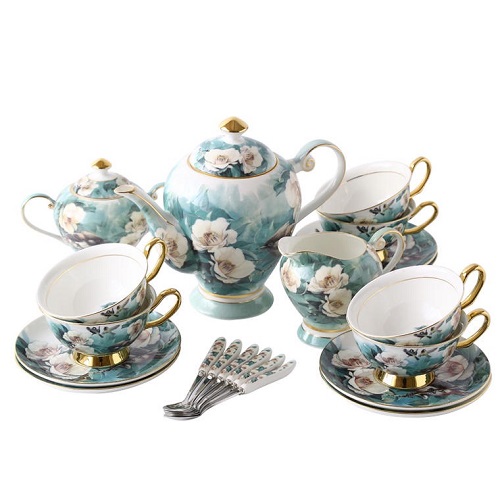 Bộ ấm và tách pha trà men sứ xương cao cấp họa tiết Chim xanh ngọc sang trọng đẳng cấp phong cách Châu Âu