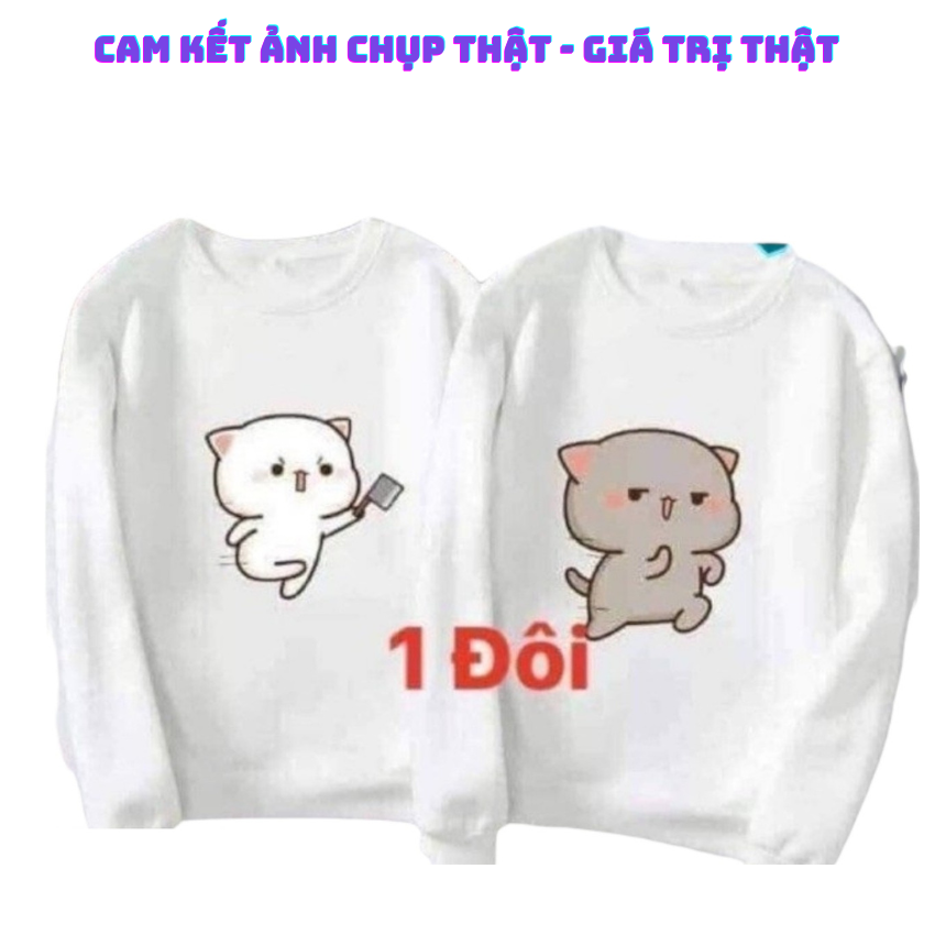 Áo Đôi Sweater Nam Nữ MM10, Áo Đôi Sweater In Mèo Chém ý Nghĩa, Vải Nỉ Bông In Hình Dễ Thương