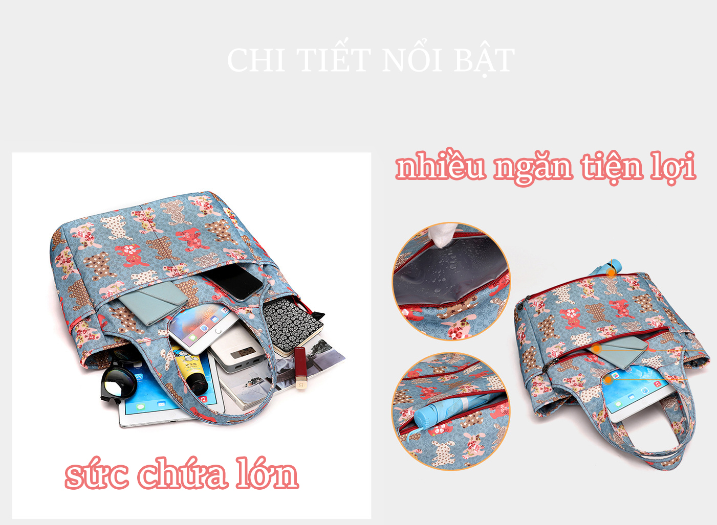 Túi tote vintage nữ size lớn vải nylon chống nước cao cấp họa tiết thời trang nhiều ngăn tiện lợi 0859