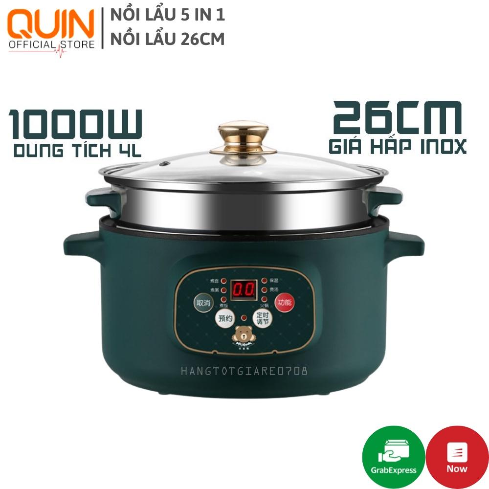 Nồi Lẩu Điện Đa Năng 5 IN 1 CHỐNG DÍNH 1000W Thể tích 4L - Kèm giá hấp INOX, Thìa, Muỗng, Bát, Lót Nồi