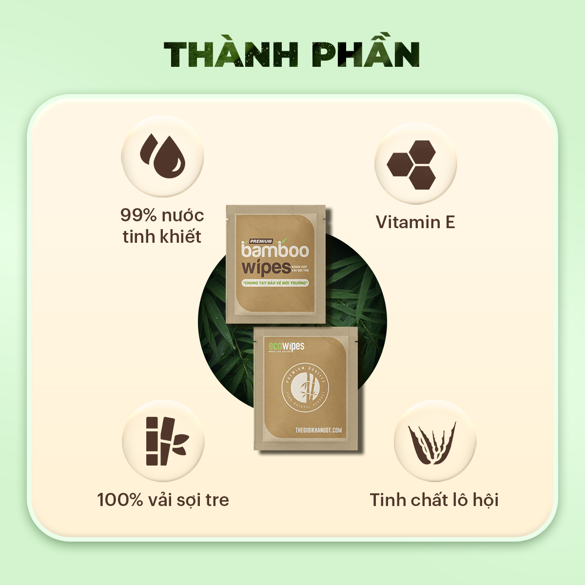 Combo 10 gói khăn giấy ướt cao cấp EcoBamboo Travel size Premium gói 1 tờ vải tre sinh thái không mùi có thể phân hủy