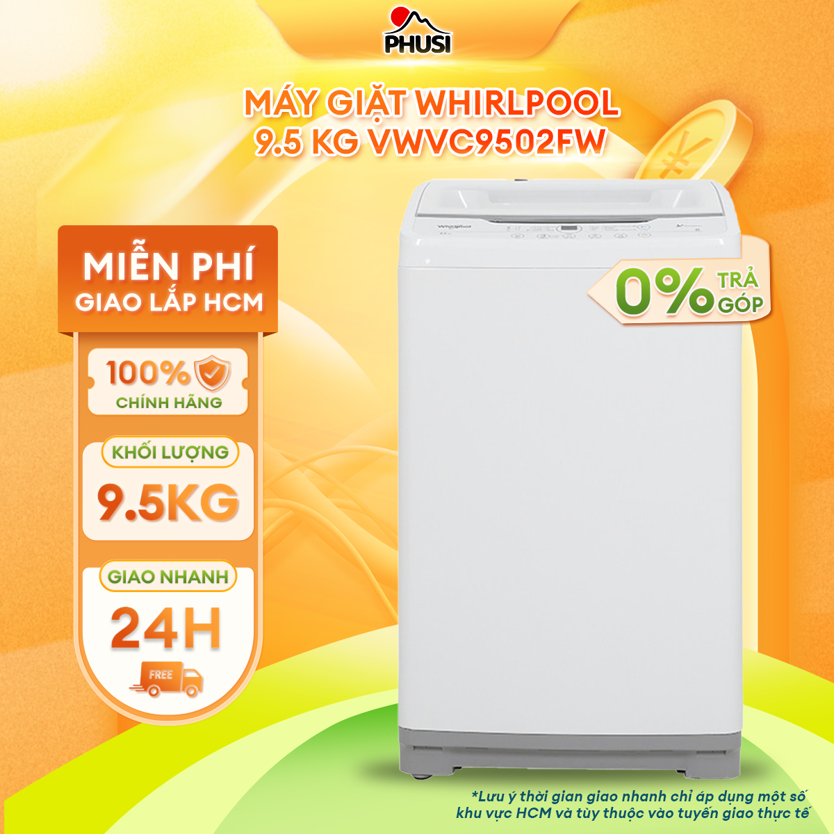 Máy giặt Whirlpool 9.5 kg VWVC9502FW - Hàng chính hãng (chỉ giao HCM)