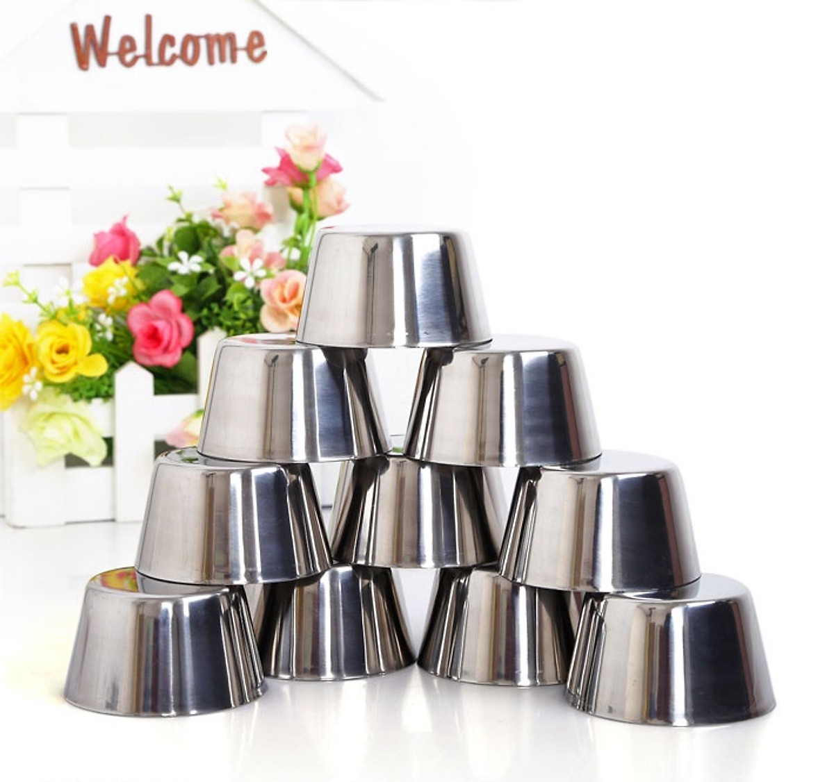 Bộ 10 Khuôn Làm Bánh Flan Inox 304 Làm Rau Cau Làm Đá Tiện Dụng