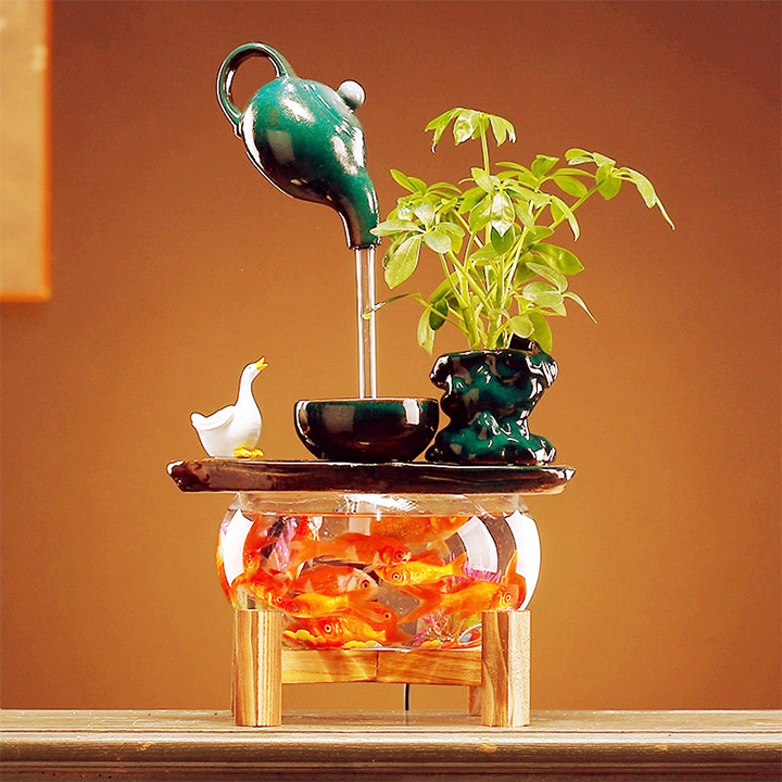 Bể cá nước chảy để bàn - Bể cá phong thủy mini nhập khẩu nguyên chiếc - Bể cá hình tròn nước chảy