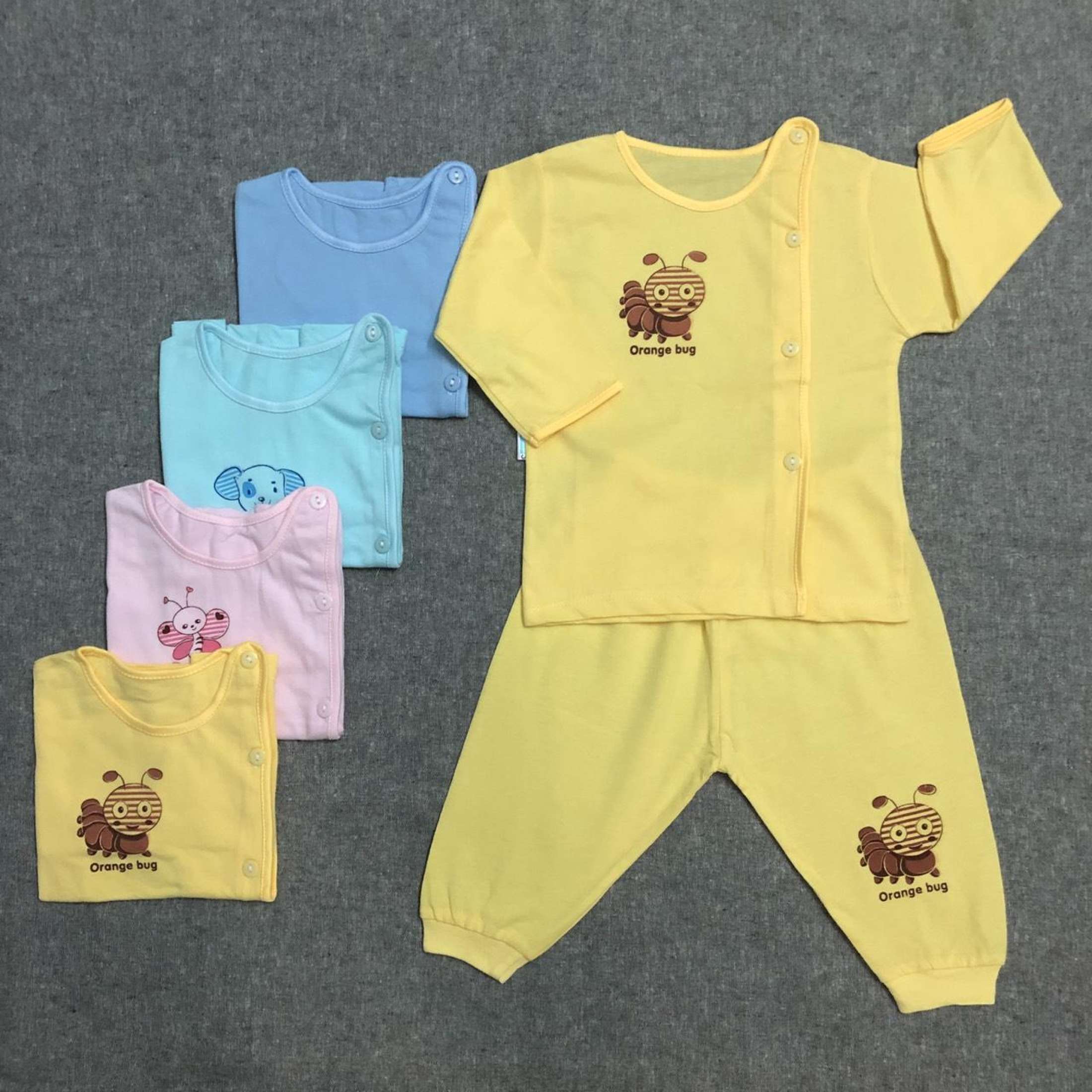 Bộ Quần Áo Sơ Sinh Cotton Tay Dài Cài Nút Lêch Màu Thái Hà Thịnh Cho Bé Từ 0-9kg