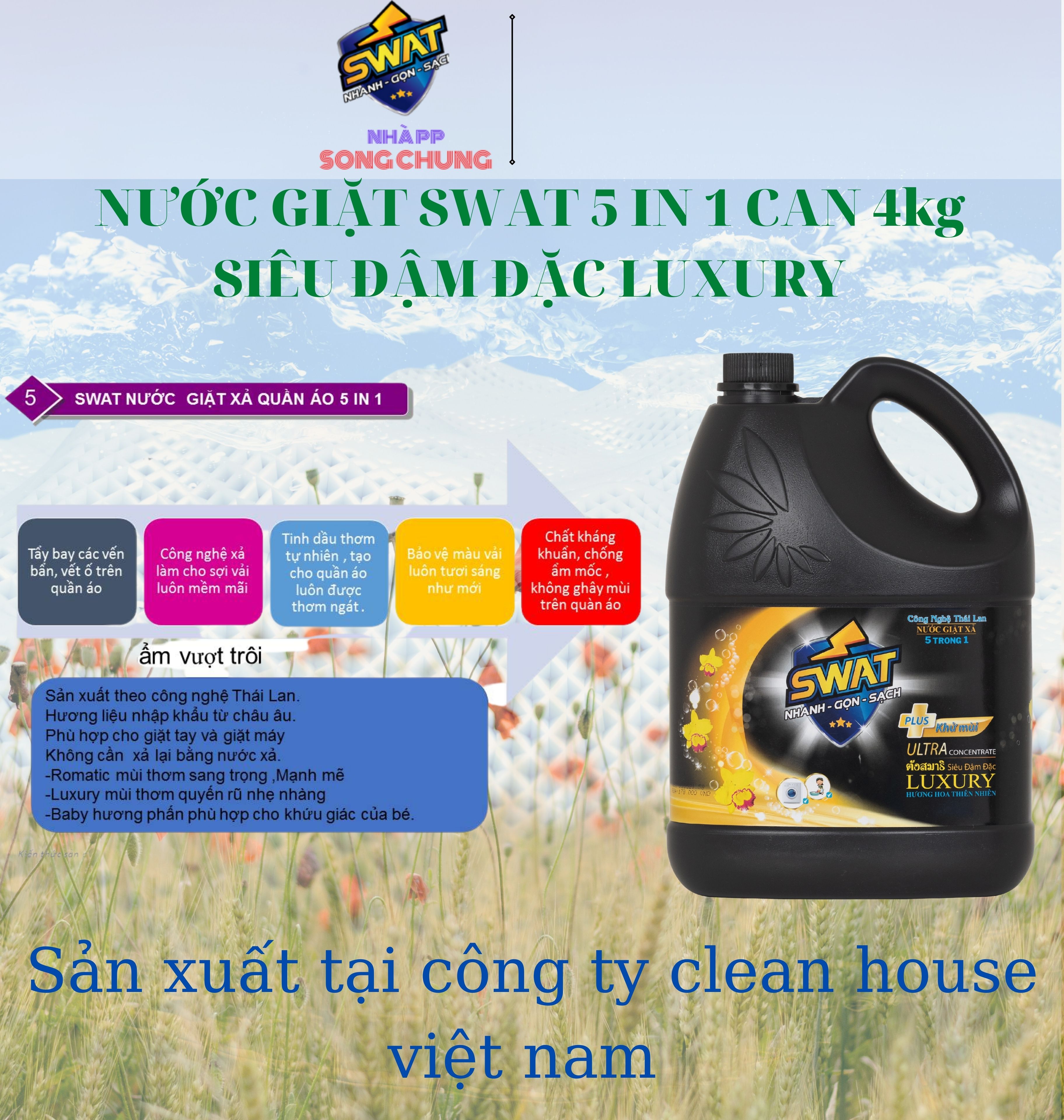 Nước giặt sả swat Luxuly Hương Thiên Nhiên 5in1 3,8kg - Sản xuất Công nghệ thái lan - Nhiều Bọt -Thế hệ mới siêu đậm đặc