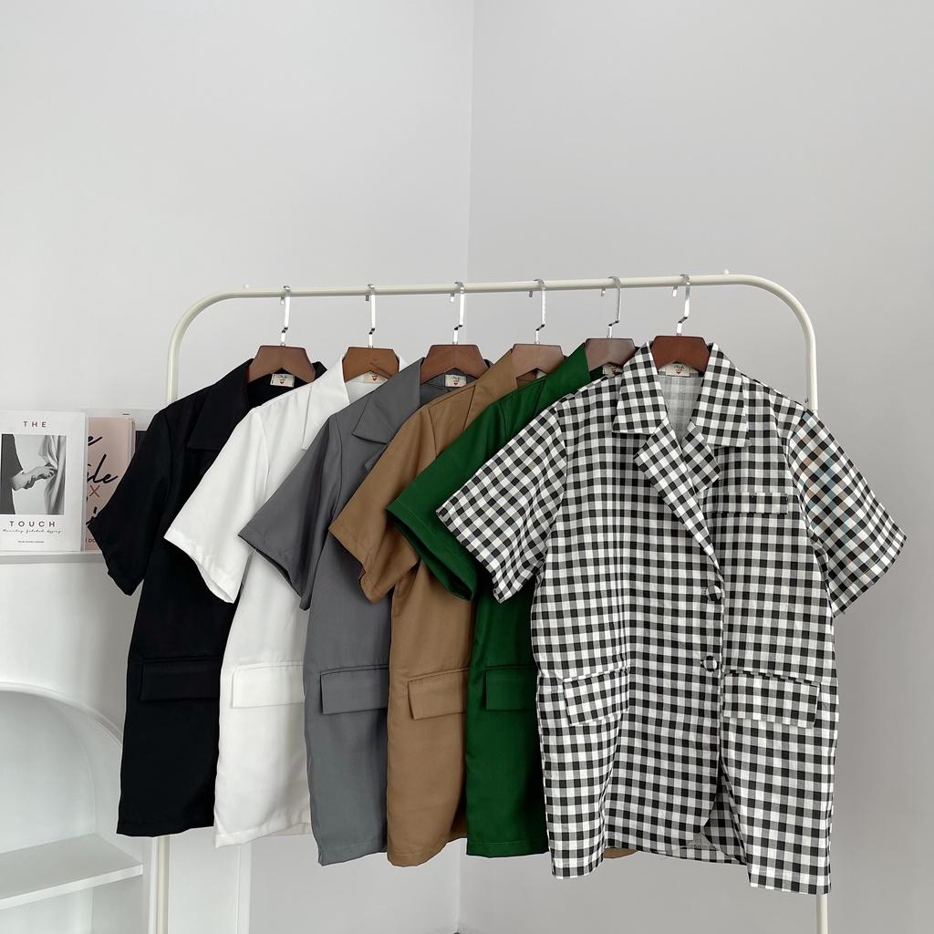 Áo BLAZER nữ TAY NGẮN túi nắp, áo vest khoác ngoài họa tiết caro, áo vest 1 lớp style Hàn Quốc