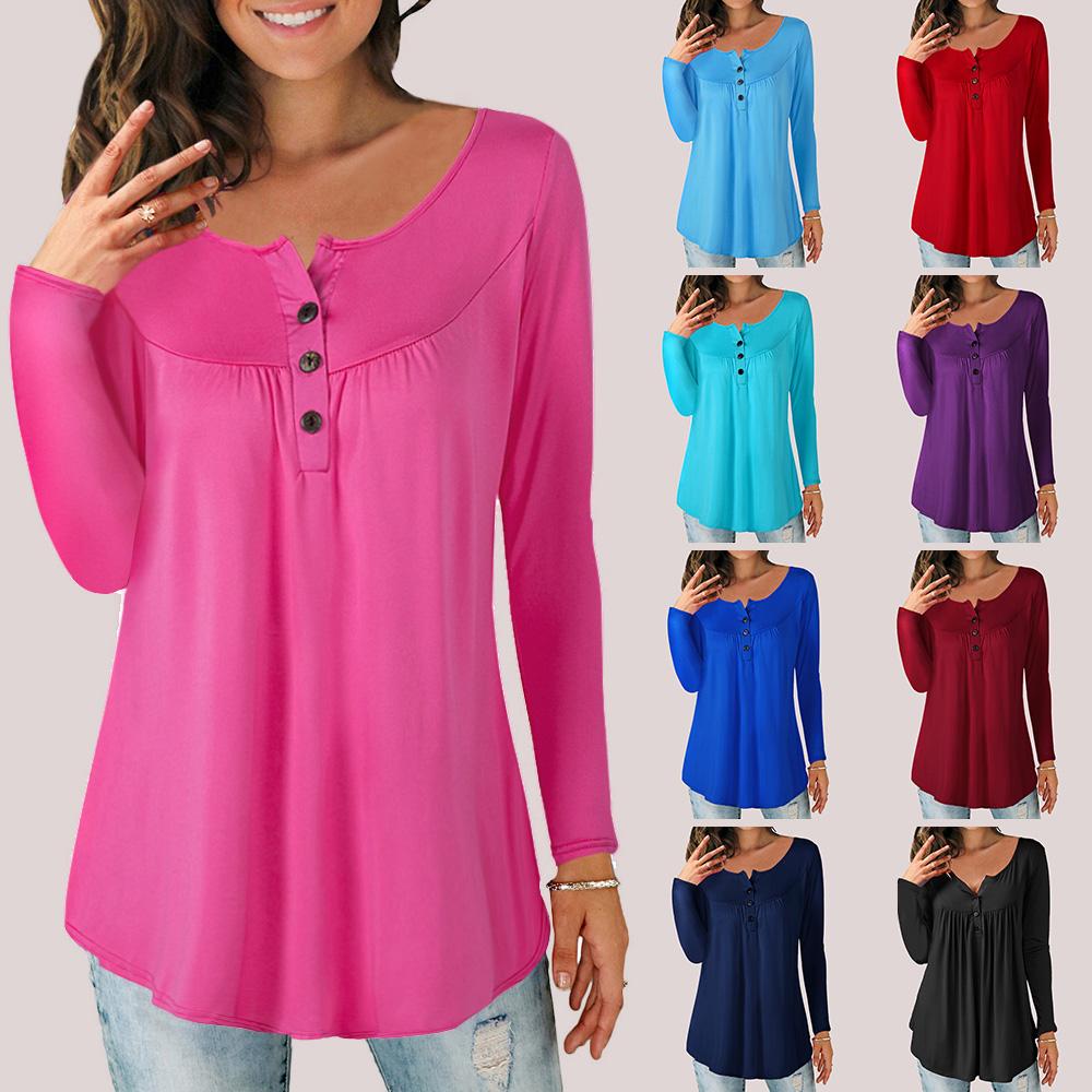 Women Plus Size T-shirt Long Sleeves Buttons Pleated Solid Blouse Casual Tops M-5XL for Lounging Streets Holiday