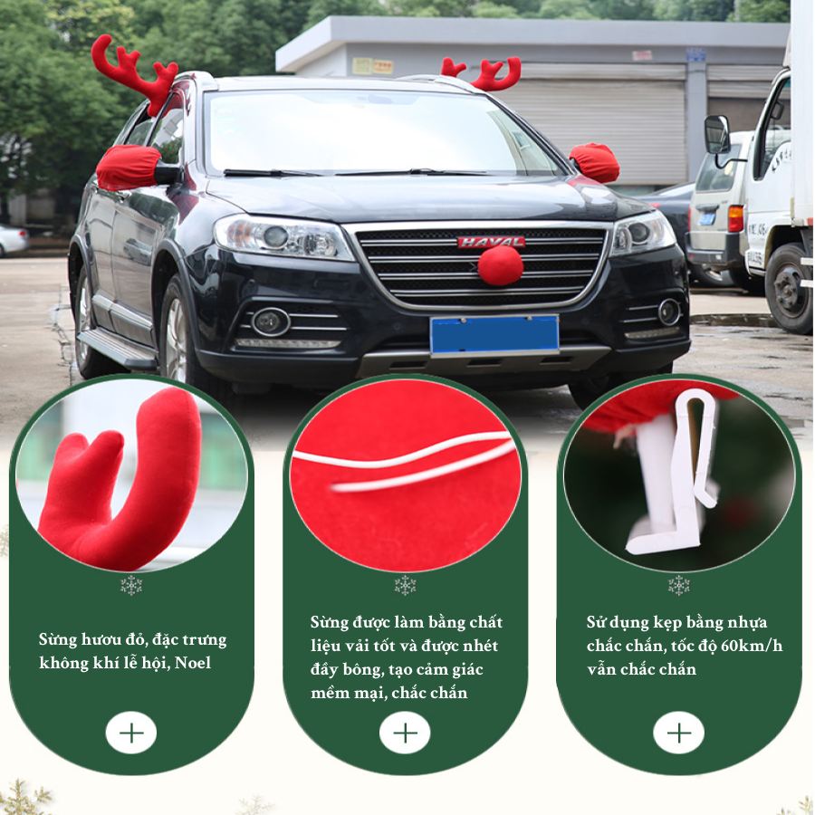Trọn Bộ Sừng Tuần Lộc Trang Trí Xe Ô Tô | Phụ Kiện Sừng Và Mũi Tuần Lộc Trang Trí Xe Dịp Giáng Sinh, Vui Nhộn, Dễ Thương