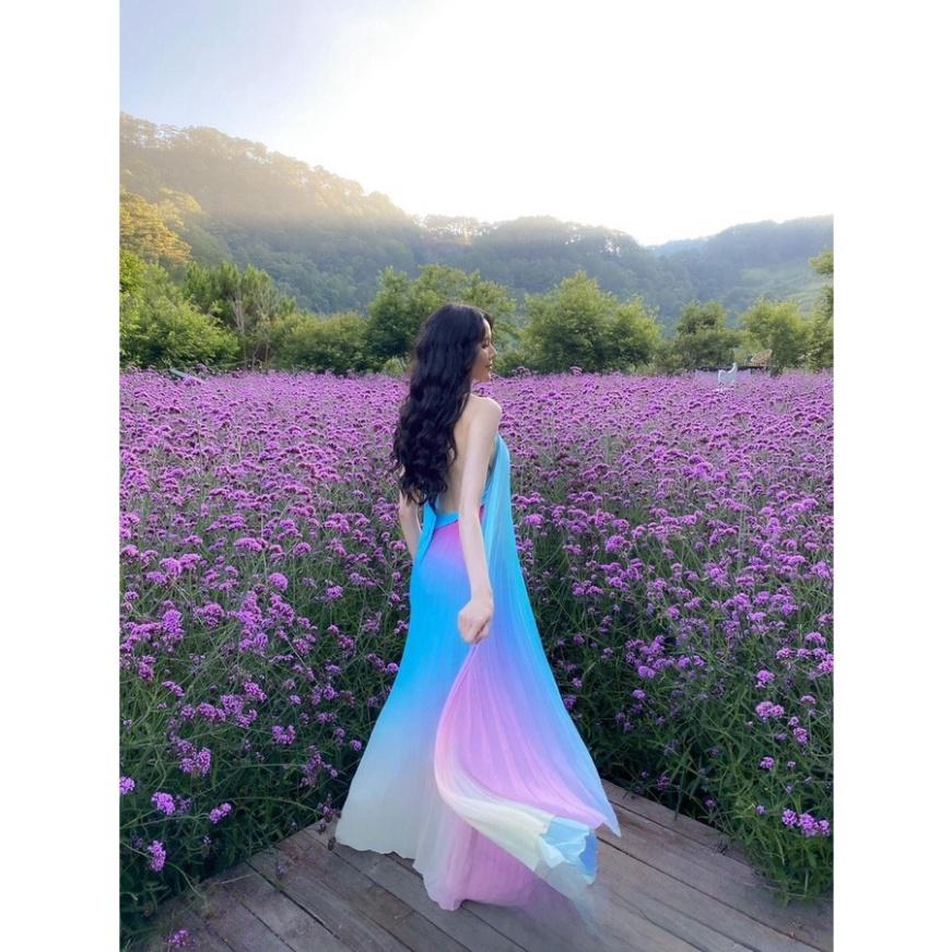 Đầm váy maxi loang màu xanh voan dập ly cổ yếm cột nơ hở lưng Ivy fashion đi biển dự tiệc dạo phố bigsize gợi cảm