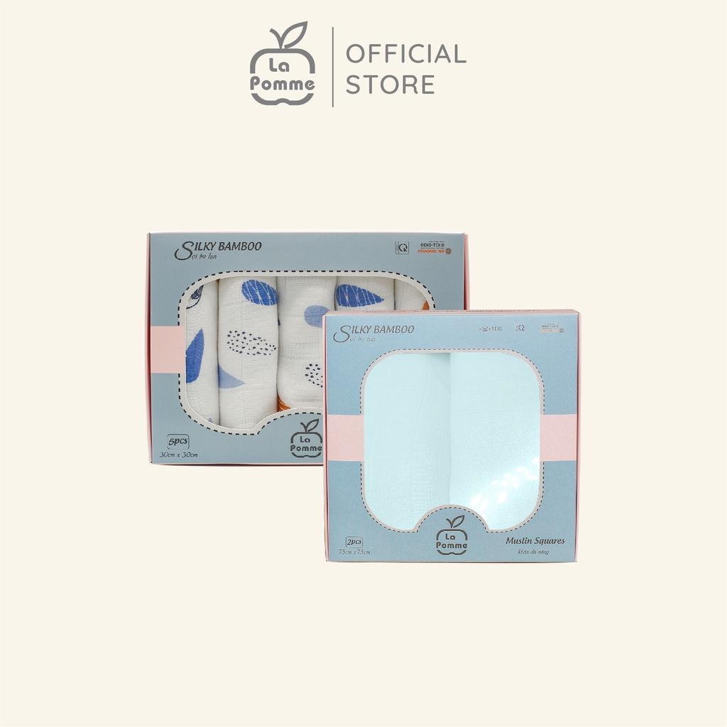 Combo 2 K001 Set 5 Khăn sữa (30x30cm) Rainy + K002 Set 2 Khăn đa năng sợi tre lụa La Pomme (75x75cm) - Xanh Pastel