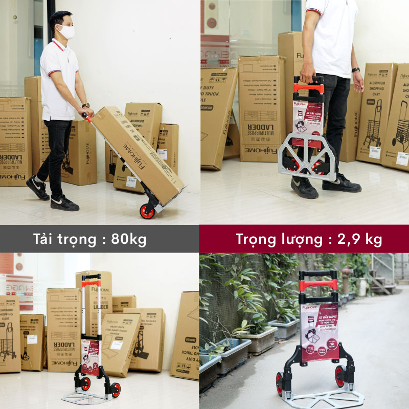 Xe đẩy hàng 2 bánh rút gọn 80kg Nhật Bản Fujihome sàn nhôm, bánh cao su cao cấp không ồn, xe chở đồ kéo hàng gấp gọn đa năng sack trolley