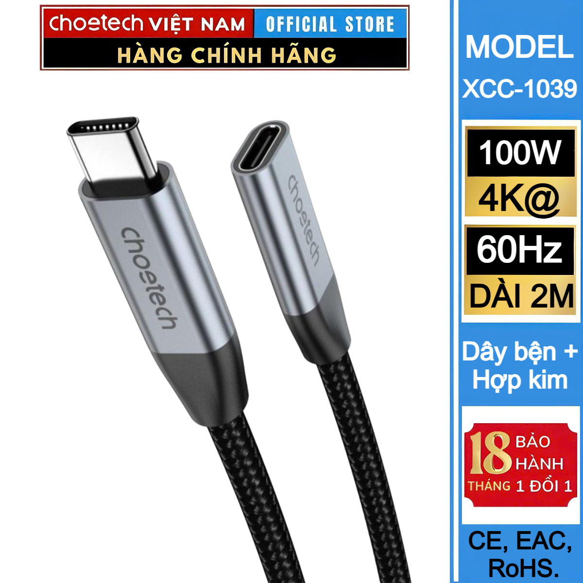 Cáp sạc nhanh nối dài Type-C 100W Choetech XCC-1039 hỗ trợ truyền tải dữ liệu 4K@60Hz (Hàng chính hãng)