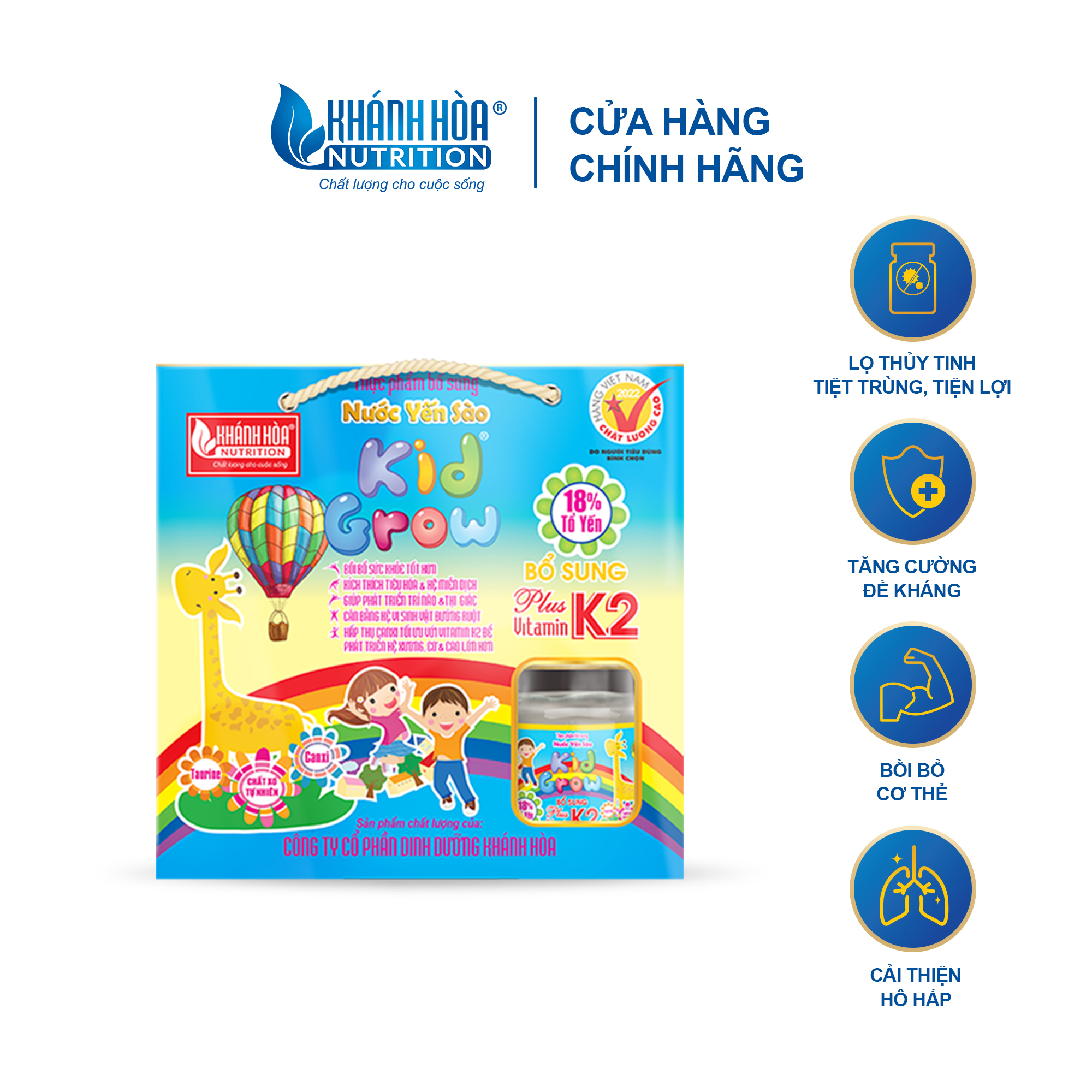 Nước Yến Sào Kidgrow 18% Bổ Sung Vitamin K2 Hương Tự Nhiên - Khánh Hòa Nutrition - Block 6 lọ x 70 ML
