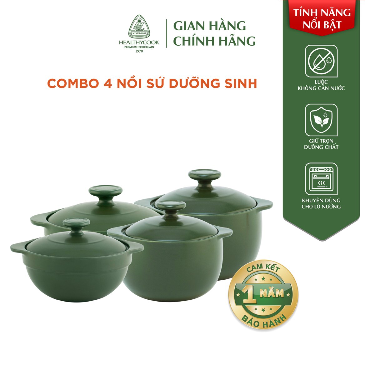 Bộ 4 nồi sứ dưỡng sinh Minh Long (0.35L/0.55L - 0.4L/0.85L) - Hàng Chính Hãng