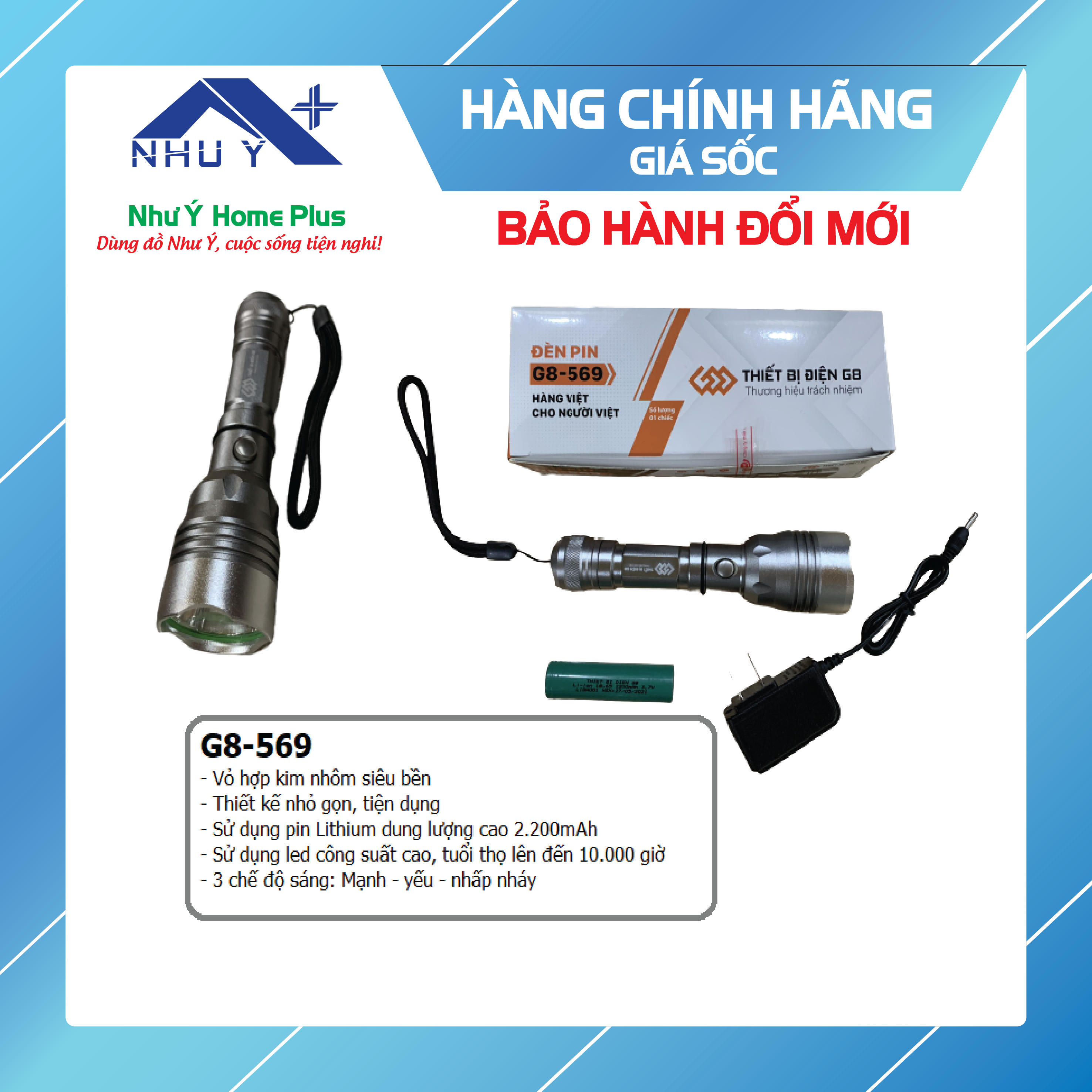 Đèn pin cầm tay G8-569 hợp kim nhôm siêu sáng, siêu bền