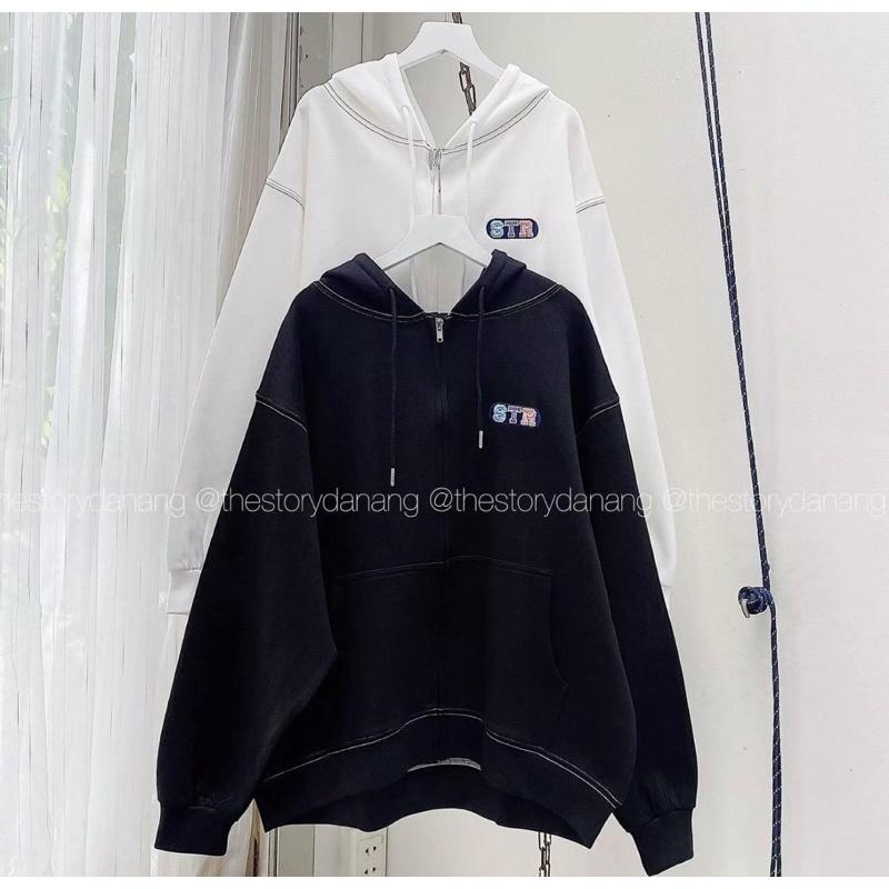 Áo khoác hoodie form rộng có khoá kéo tay phồng, áo khoác chống nắng nỉ ngoại STR