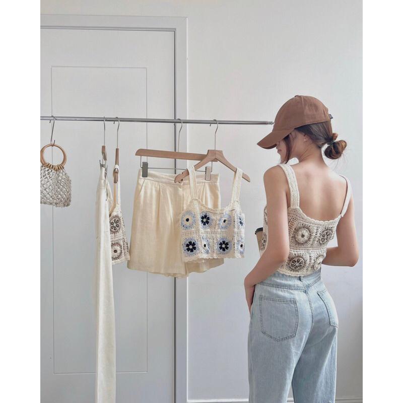 Áo len nữ a5238901 croptop hai dây thêu hoa germe