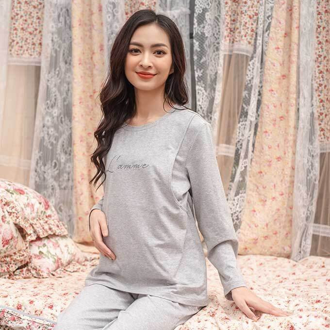 Bộ ngủ bầu sau sinh (B01) chất thun cotton, áo có chỗ mở cho bé ti tiện lợi, quần có chun điều chỉnh - Thiết kế bởi LAMME