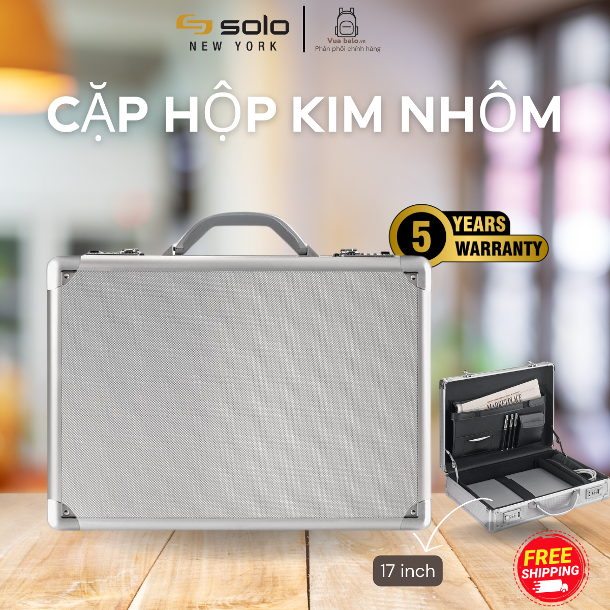 Cặp Túi hợp kim nhôm Alumium Solo phiên bản Pro màu Xám nhôm - Mã AC100  2 Khóa bảo mật TSA  Ngăn Laptop 17 inch Chính hãng bảo hành 05 năm