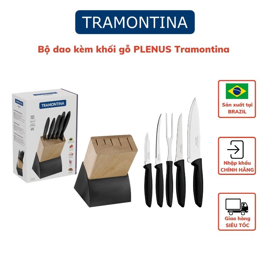 Bộ Dao Nhà Bếp Tramontina PLENUS 6 Dao Bếp Kèm Khối Gỗ Thép Không Gỉ Cán Nhựa Đen Nhập Khẩu Chính Hãng Brazil