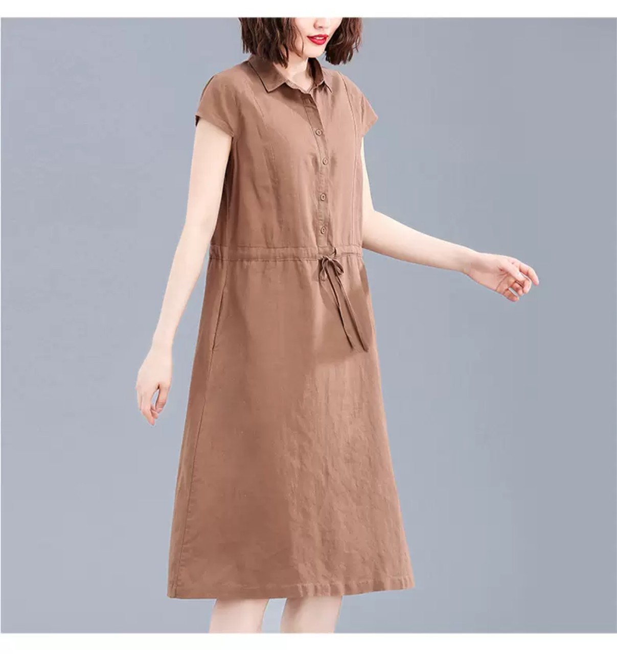 Đầm Nữ Form Suông Linen Cổ Sơ Mi Basic Tay ngắn Thoáng Mát HB70