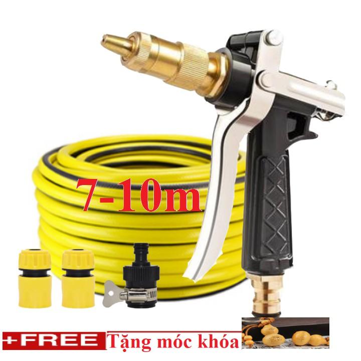 Bộ dây vòi xịt nước rửa xe, tưới cây . tăng áp 3 lần, loại 7m, 10m 206236 đầu đồng, cút, + tặng móc khoá