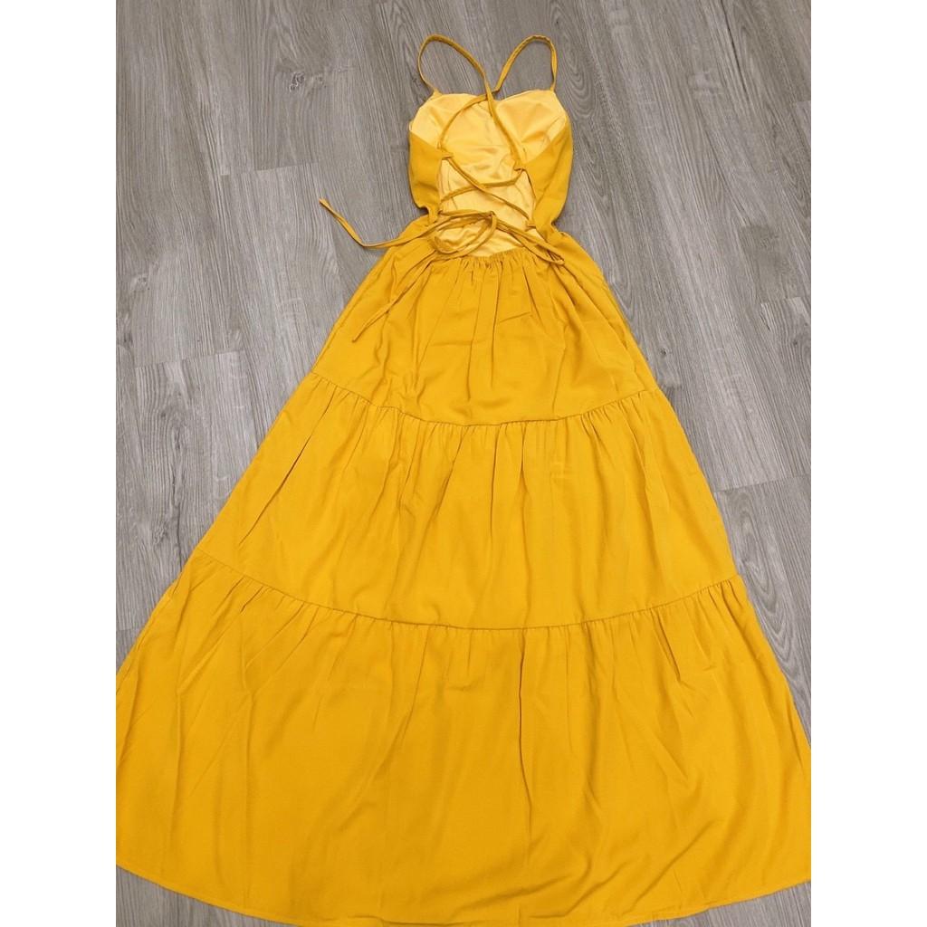 Đầm Maxi 2 Dây Dáng Xoè Màu Vàng, Hở Lưng Thích Hợp Cho Nàng Đi Biển Chụp Hình So Deep - KÈM ẢNH THẬT