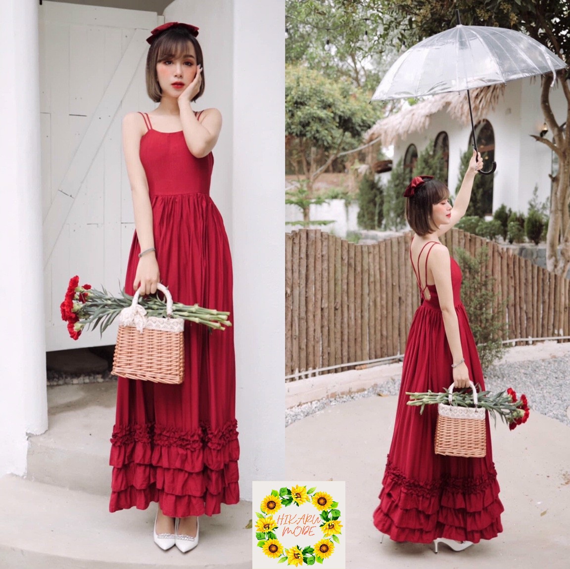 Đầm maxi đỏ 4 dây đan lưng