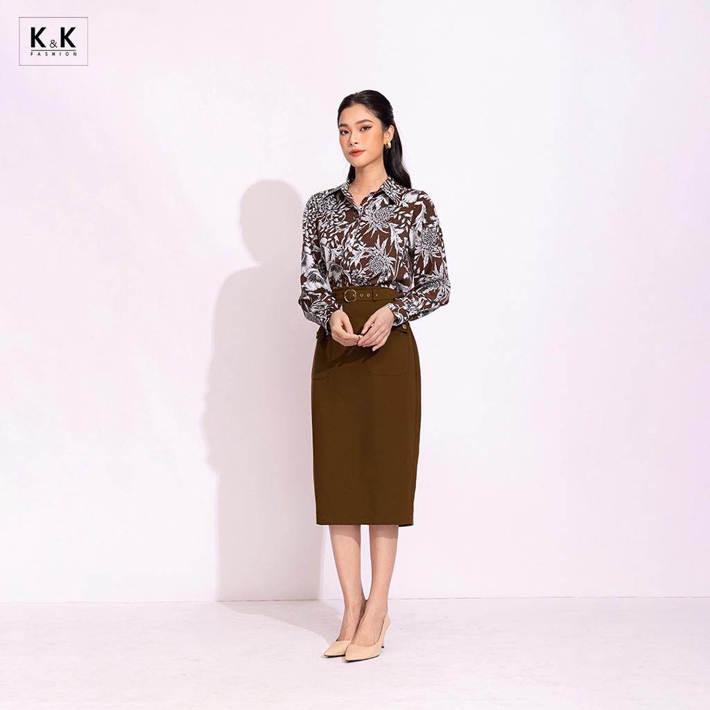 Chân Váy Bút Chì Phối Thắt Lưng  K&amp;K Fashion CV05-22 Chất Liệu Carolan Cao Cấp