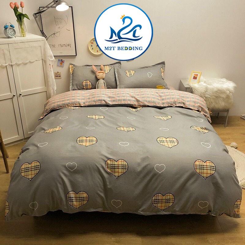Bộ chăn ga gối Cotton Poly M2T bedding Tim kẻ xám, vpr chăn mền, drap giường và 2 vỏ gối