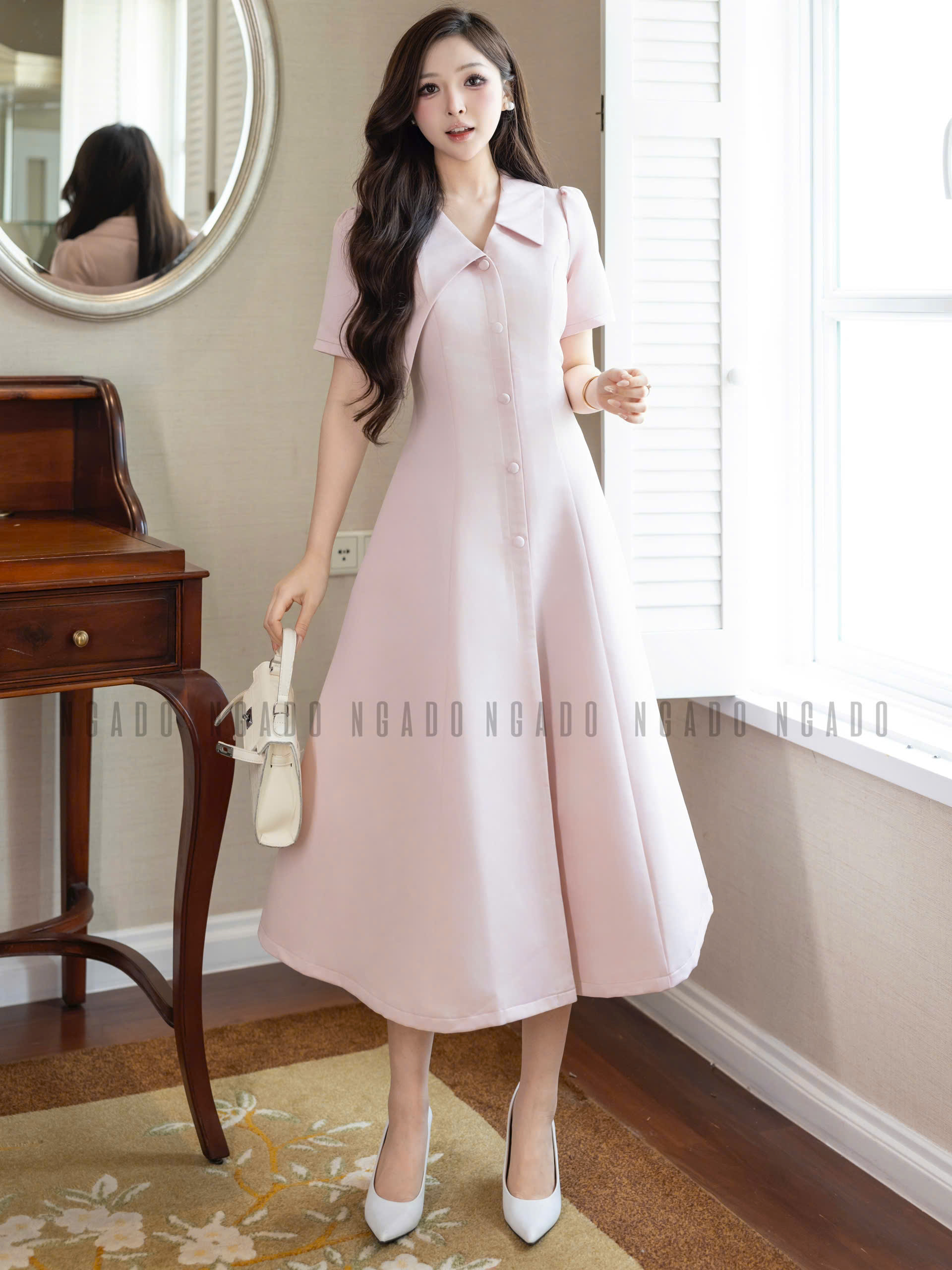 Đầm hồng cổ vest NGADO , đầm công sở , dự tiệc
