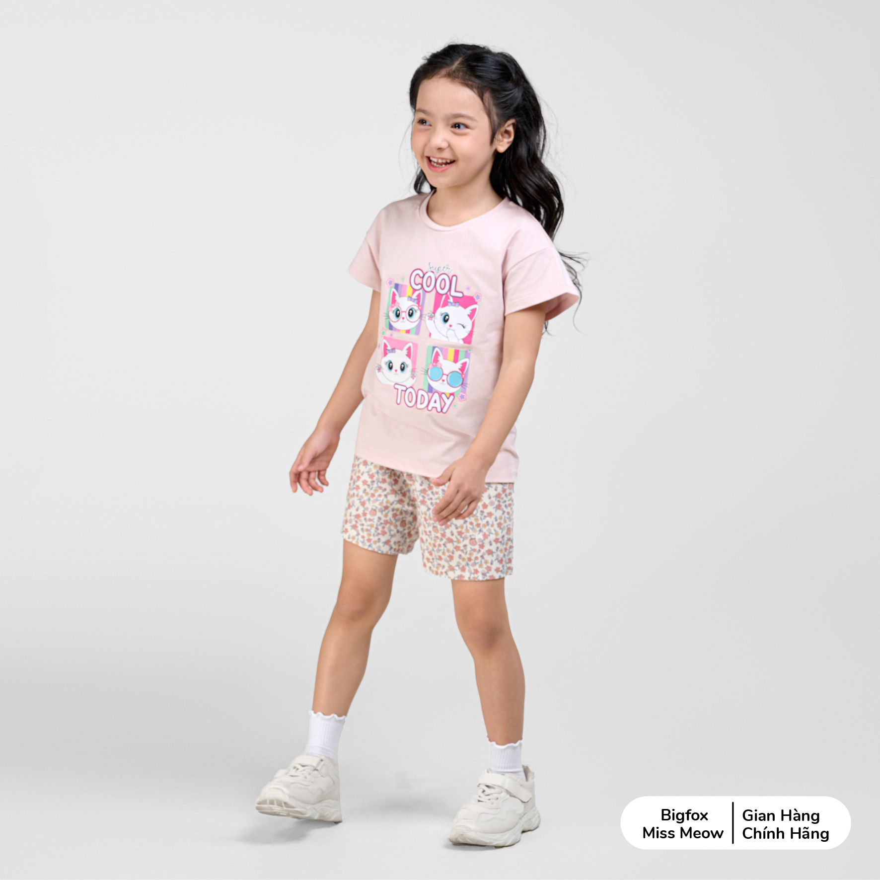 Bộ cộc tay bé gái Bigfox Miss Meow vải cotton mùa hè size đại cỡ 3,6,9,11 tuổi 30kg 40kg