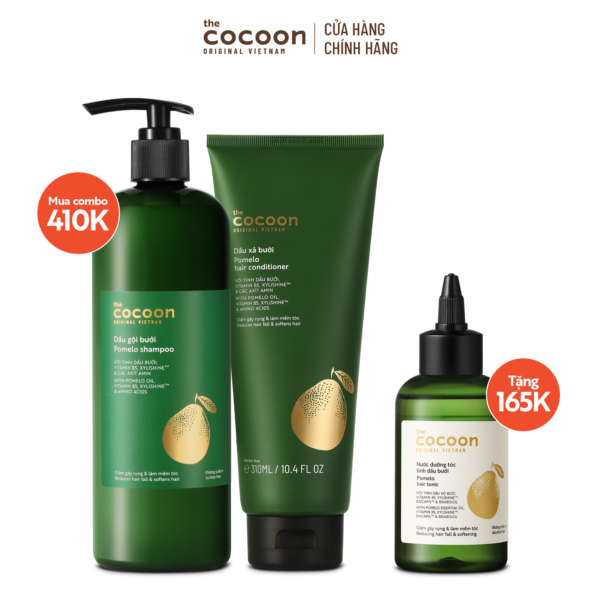 SPECIAL COMBO gội bưởi 500ml + xả bưởi 310ml Cocoon tặng 1 nước dưỡng tóc tinh dầu bưởi 310ml