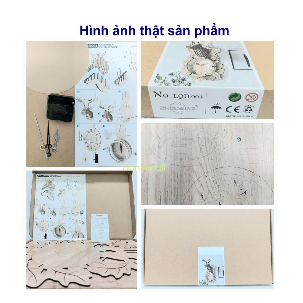 Mô hình lắp ráp 3D đồng hồ đầu hươu bằng gỗ chạy pin treo tường trang trí Đồng hồ treo tường