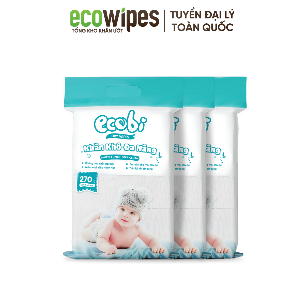 Thùng 03 túi khăn vải khô đa năng cho bé EcoWipes túi 270 tờ 345g mềm mịn dai thấm hút tốt