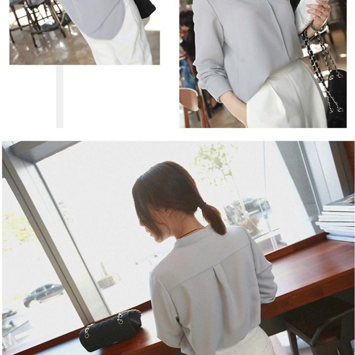 Áo Sơ Mi Nữ Công Sở Màu Xám Xanh Cổ Chữ V Phong Cách Hàn Quốc