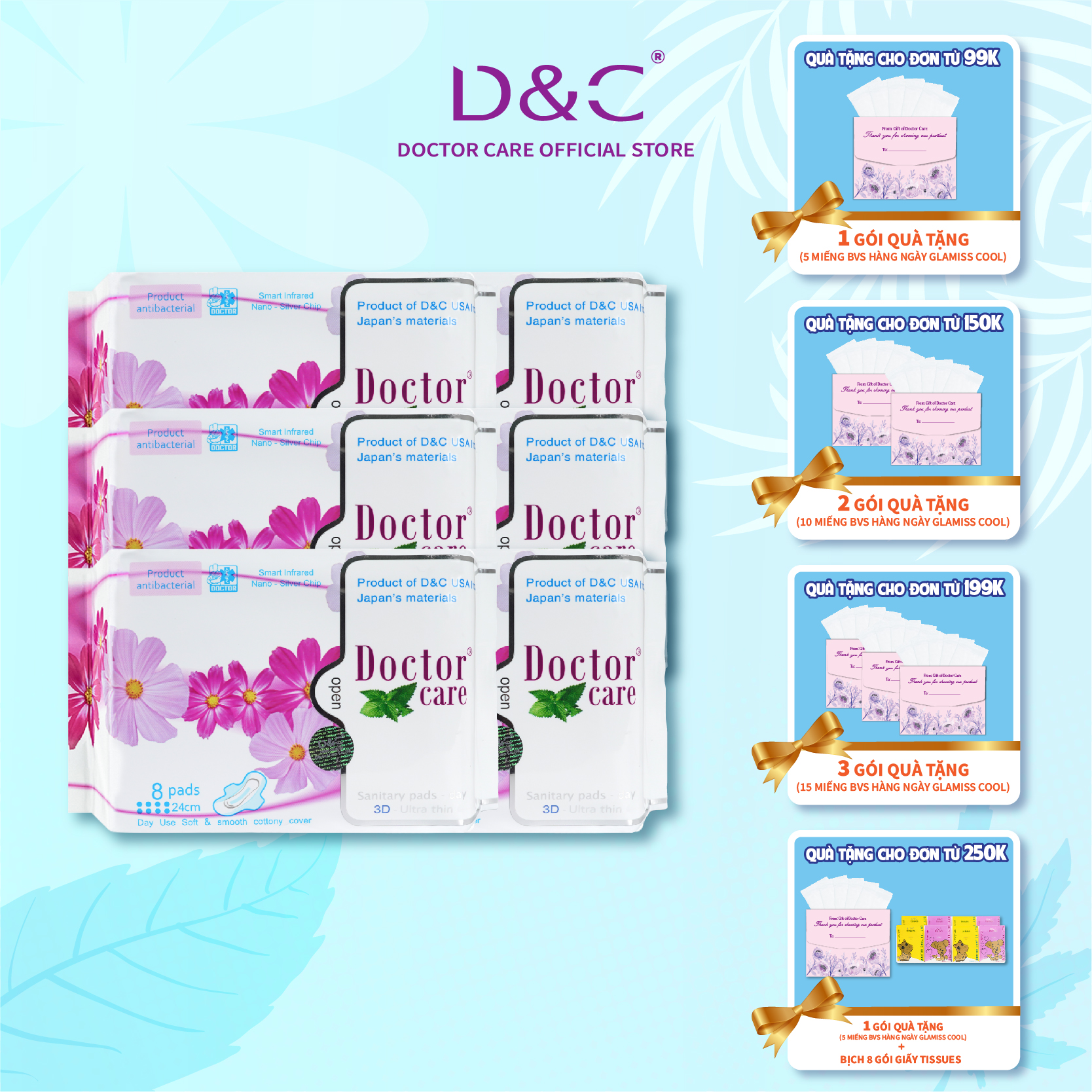 Combo 6 Băng vệ sinh thảo dược Doctor Care, BVS ban ngày 24cm siêu khô thoáng cả ngày dài