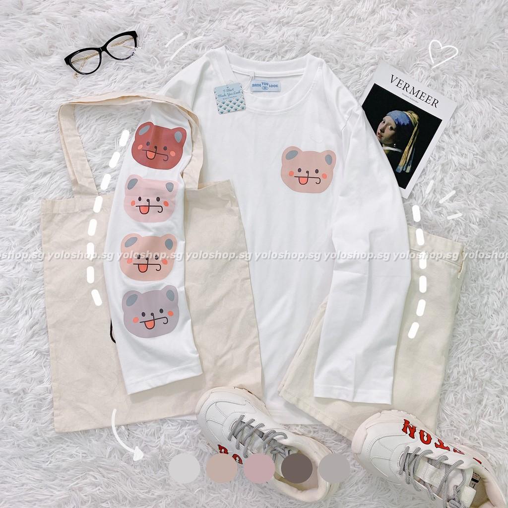 Áo Thun Tay Dài Unisex Gấu In Tay Thu Đông Form Rộng