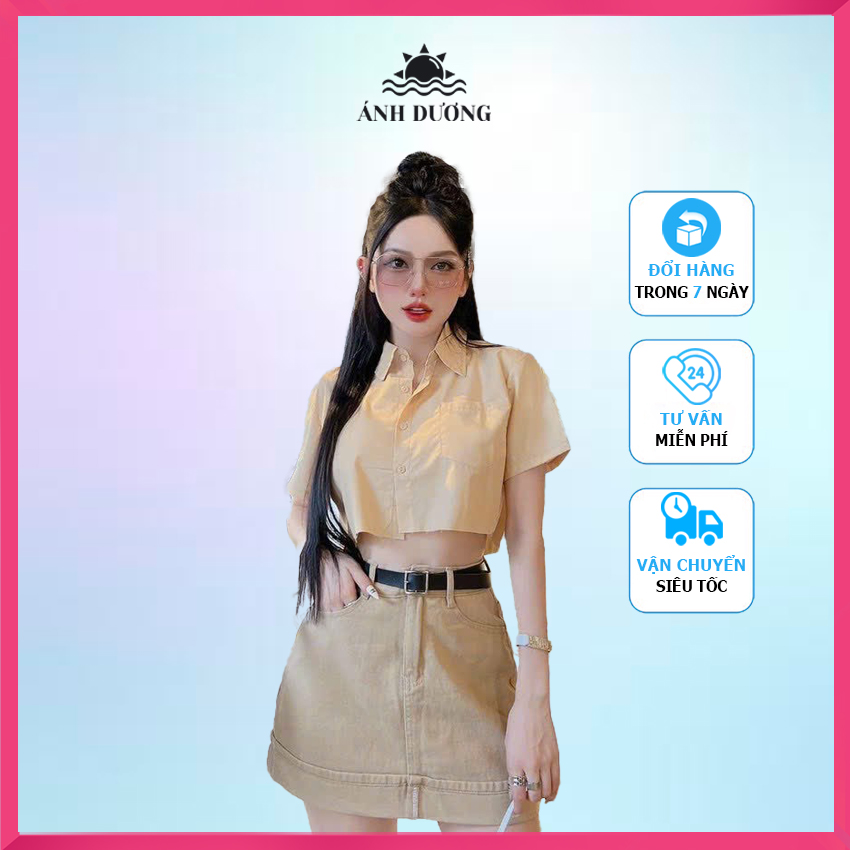 Set áo sơ mi croptop tay ngắn và chân váy kaki kèm dây nịt , set đồ nữ đi chơi Ánh Dương Clothing M205