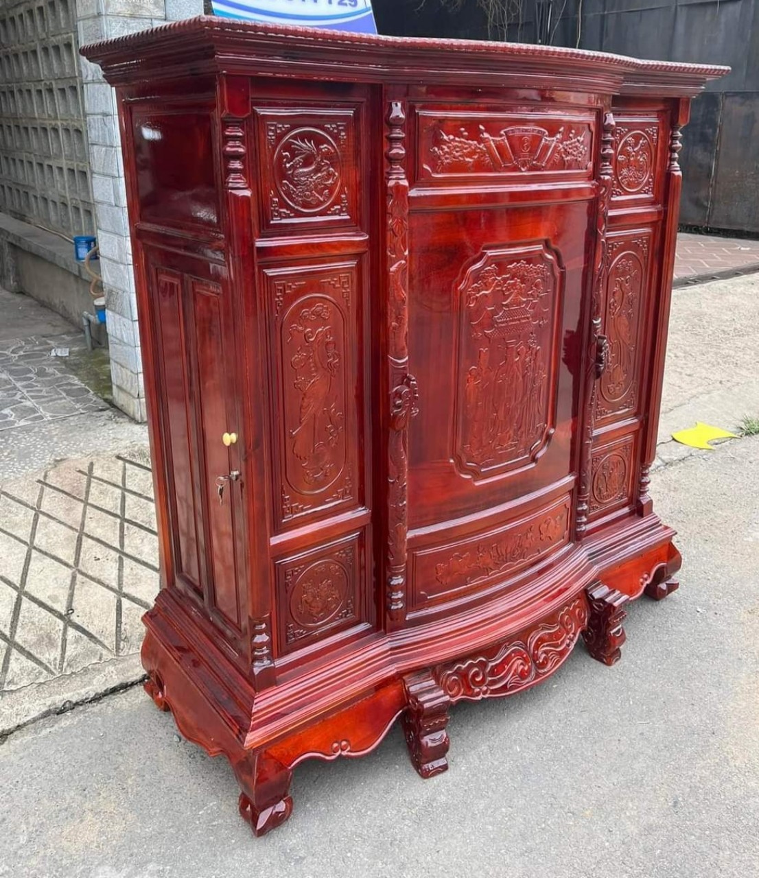 Tủ thờ gỗ tràm bụng phệ Phúc Lộc Thọ ,Tủ thờ gia tiên 1M 27