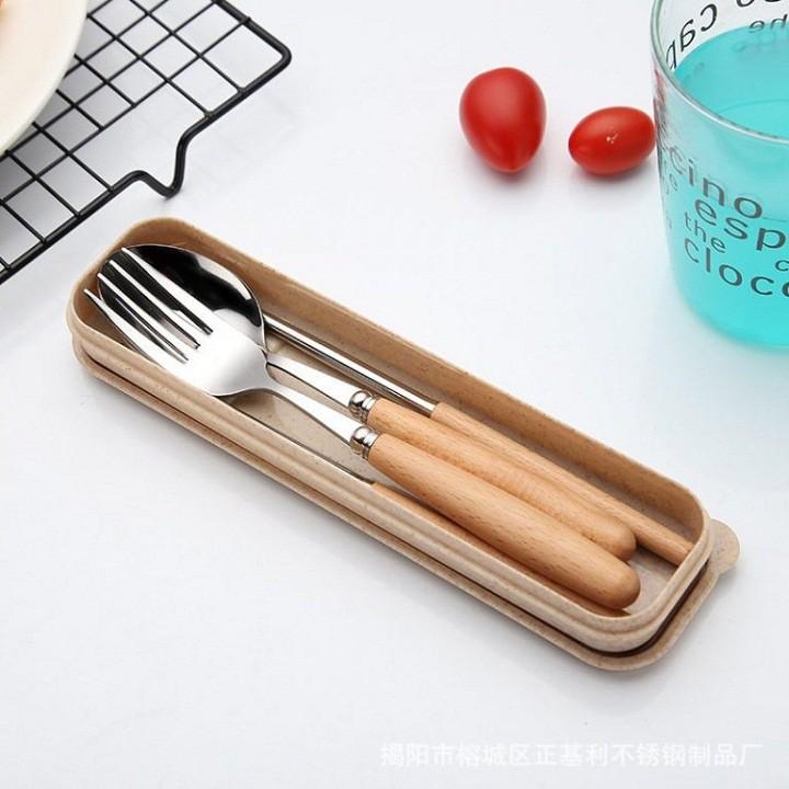 Bộ đũa dĩa thìa inox cán gỗ cao cấp kèm hộp đựng lúa mạnh sang trọng