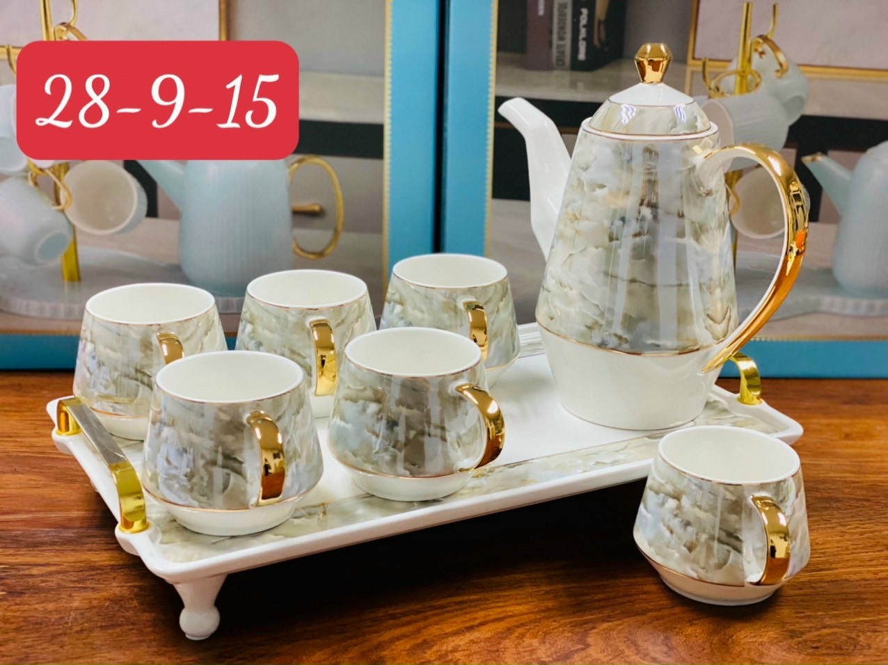 BỘ ẤM CHÉN PHA TRÀ SỨ VÂN ĐÁ QUAI VÀNG CAO CẤP