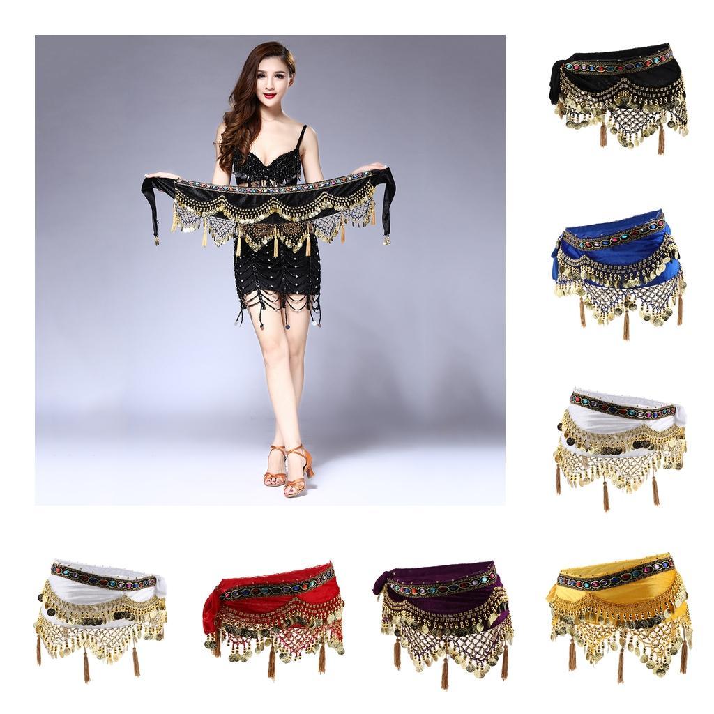 Womens Sequins Belly Dance Hip Scarf Wrap Skirt with Gold