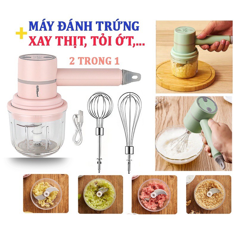 Máy Đánh Trứng Cầm Tay 3 trong 1 đa năng pin sạc  - Máy xay thịt tỏi ớt hạt tiêu đánh sữa cafe mini không dây