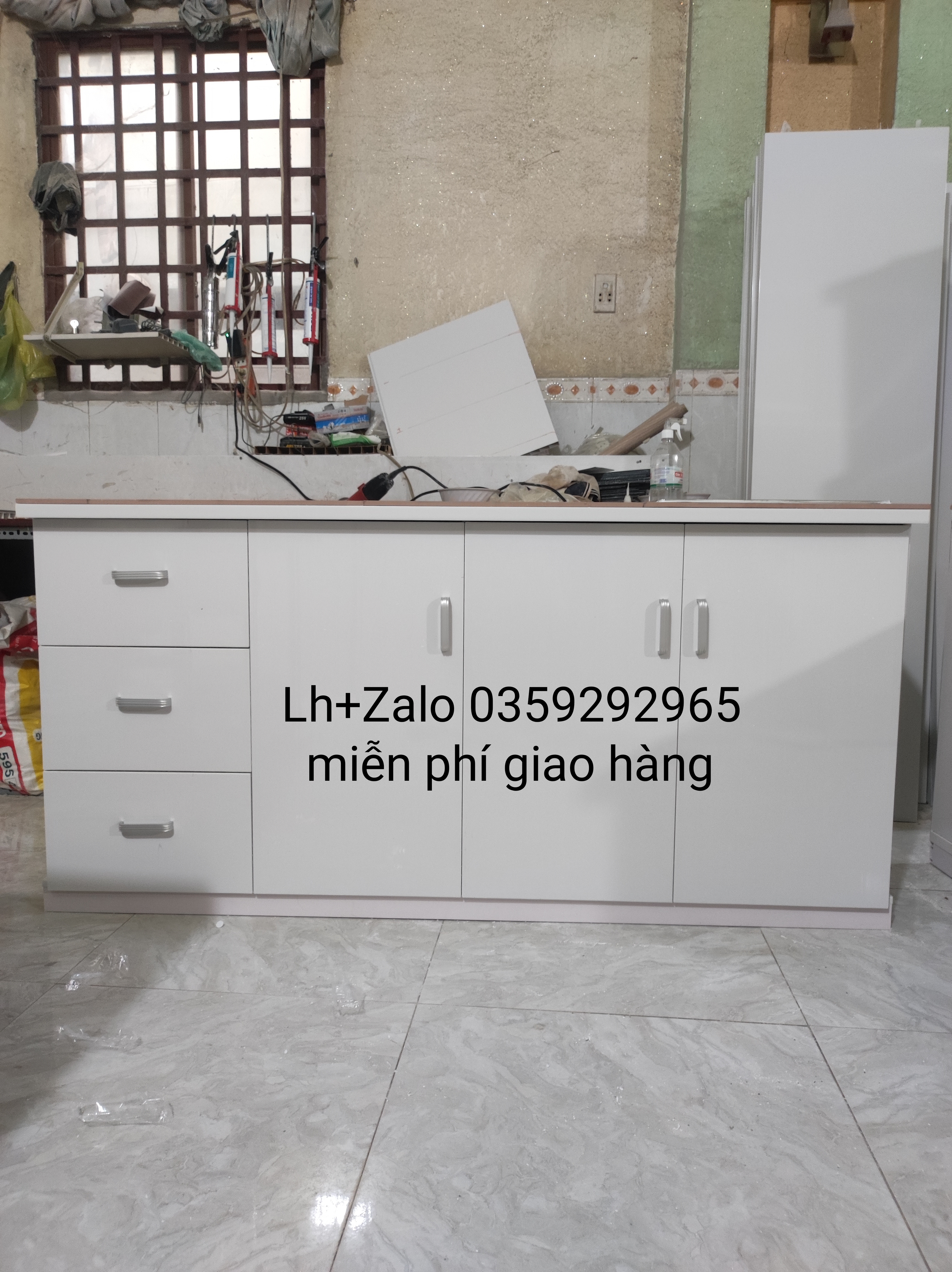 Tủ bếp mini nhựa đài Loan mặt gạch có sẵn bồn rửa