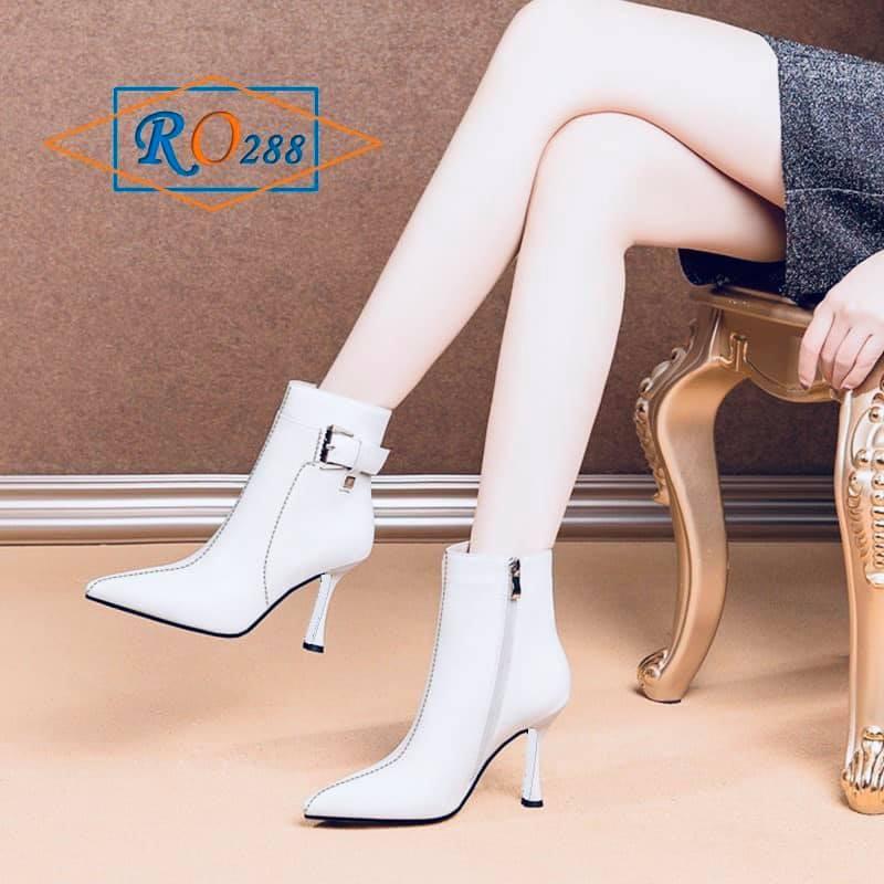 Boots thời trang nữ cổ cao, da lì cao cấp ROSATA RO288 7p gót nhọn - đen, trắng - HÀNG VIỆT NAM - BKSTORE